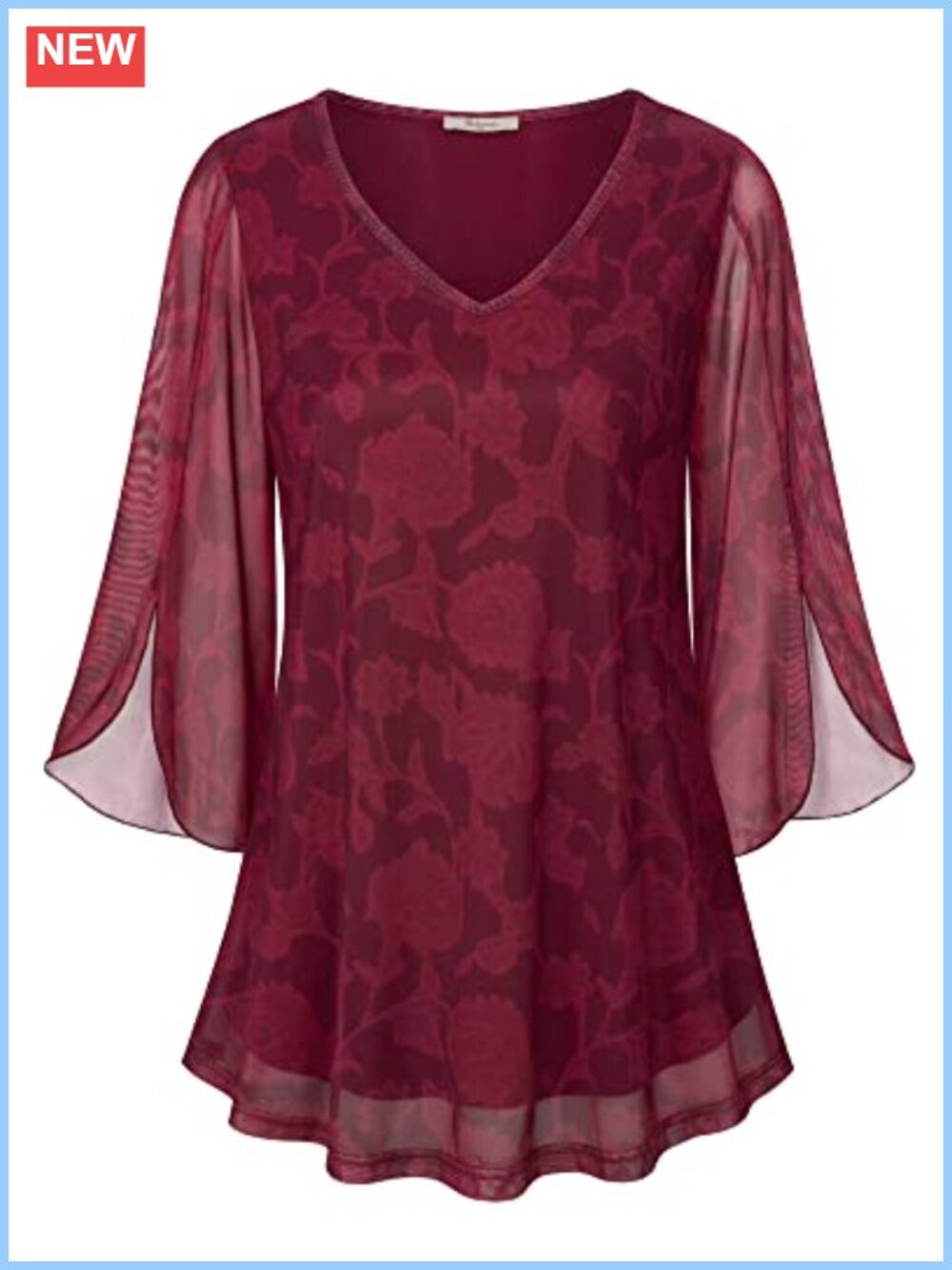 Women's Ruffle 3/4 Sleeve V Neck Mesh Flowy Tunic Top Loose Fit Blouse